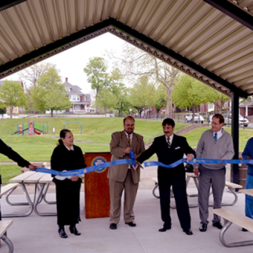 Ribbon cutting for the new pavilion at the 4th and Emerald Playground.